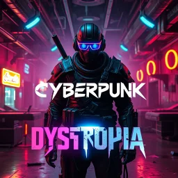 An Electronic Music Album Cover, With "CYBERPUNK DYSTOPIA" Written on it with broken futuristic font with a neon glow on the font at the bottom center; with a Warrior DJ standing inside a abandoned nightclub wearing neon glasses & futuristic armour, giving apocalyptic vibes showing dramatic and cinematic ambiance.