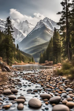 mountains, pine trees, shot on ground with river and pebbles right in front, birds in distance flying in the air