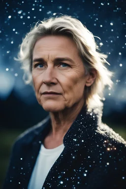 a color 35mm glamour close-up portrait photograph of a melancholic norwegian middle-aged person dissolving into pixels. standing looking at the stars during summer at twilight as if shot by a famous fashion photographer using the aperture f/1.8