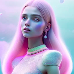 A portrait of a crystalised girl,smiling, laughting longs thin hairs white , atmospheric, realistic,, cinematic lighting, octane render,, pink turquoise light, white skin, pink atmosphere