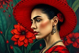 A bold and emotional portrait of a woman in profile wearing a wide red hat, in Frida Kahlo’s deeply symbolic and vibrant style. Surreal botanical background, intense expression, dramatic eyebrows, vivid reds, greens, and earth tones. Feminine strength and mystery. --v 7 --ar 2:3 --style raw --hd --q 2 --uplight --chaos 12
