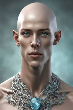 photo realistic young male dryad , masculine, handsome, shaved head, bald, cheek bones, aquamarine eyes, slim physique, athletic, Ultra render, raised detail, shiny metalics, high resolution, insane details, anatomically correct, silver filigree, 3d intricate aquamarine bracelets, 3d intricate aquamarine necklace, metalics, textured, radiant, crystalised, very detailed, 8k