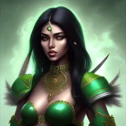 fantasy setting, dark-skinned woman, indian, green and black hair