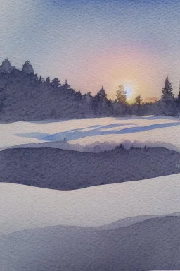 Rolling hills, lake, winter, snow, sunrise Modifiers: smooth intricate high definition beautiful lighting pencil sketch watercolor polished warm light watercolor and ink LNF