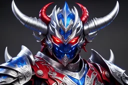 silver and crimson lightning raijin knight, blue eletric horns that sprout forwards, a silver mask that covers the lower face