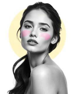 Black-and-white portrait of a graceful woman with soft pink brush strokes on her face, minimalist aesthetic with a light yellow halo behind her, isolated on a white background, high contrast for an artistic commercial vibe., With Copy space