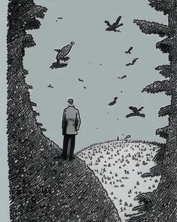 a alone man. pen and ink ,birds eye view, illustrated by hergé, Background space