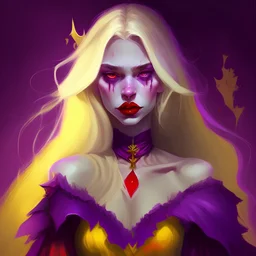 witch, (monster girl), straight blonde hair, purple skin, red and yellow opera dress, pink lips, seductive, masterpiece, best quality