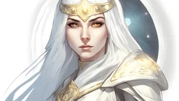 Generate a dungeons and dragons character portrait of the face of a female cleric of peace aasimar blessed by the goddess Selune. She has black hair and glowing eyes and is surrounded by holy light