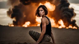 beautiful slender caucasian female technician, black tank top, well toned muscles, weathered face, scratched sand camo metal details, short brunette wavy bob haircut, dystopian, desert scene with smoke and explosions, bloody wounds