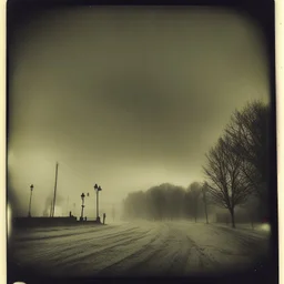 Dark street creepy fog colours strong texture artistic polaroid, trees nightmare Yves Tanguy, anguish and distress