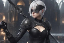 Beautiful 2B with blindfoldin 8k nier automata artstyle, 2B them, 2B Custom, blindfold, close picture, rain, fantasy world, intricate details, highly detailed, high details, detailed portrait, masterpiece,ultra detailed, ultra quality