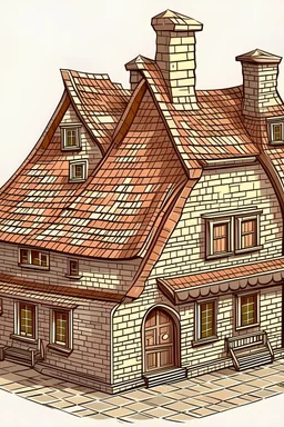 old house, brown brick, low houses, tiled roof, old cartoon style
