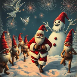 there is no kebabs at christmas, evil Santa, evil naked gnomes running around, staring flaming eyes, evil naked Rudolf, very big evil melting angry Frosty the snowman in background, 1940 christmas postcard, Flying angels, fireworks, Tim burton style