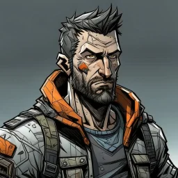 man,, looking serious, comic book, post-apocalypse, grey background