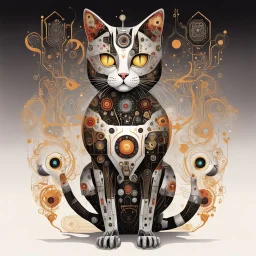 Full body portrait of a Robot Cat, psychedelic futuristic background, Detailed, by Laurel Burch and Brian Despain, maximalism, black and white and silver and gold and crimson, by Petros Afshar