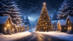 Hyper Realistic Beautifully Decorated Huge Christmas Tree On A Road With Environment Made Using Colors Black, Navy-Blue Purple And Golden (Sparkles), Featuring A Town With Small Cottages On Both Sides Covered In Snow At Heavy Snowfall Night Showing Dramatic And Cinematic Ambiance.