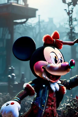 zombie mickey mouse hybrid, photorealism, movie screen capture, horror, sci-fi, retrofuturism,