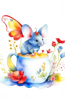 Prompt: Create a watercolor-style image of a CGI female mouse with fairy wings holding a red heart, standing by a shiny English blue and white china pot shaped like a coffee pot, amidst colorful wildflowers, with a butterfly nearby, aiming for a storybook aesthetic with a