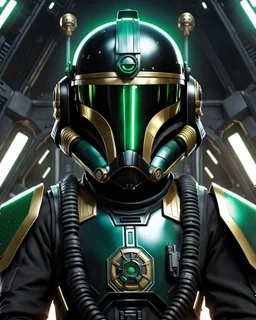 star wars bald male corellian pilot wearing black and bright gasoline green First Order special forces TIE pilot commando armored flightsuit and helmet with gold trim inside the jedi temple, centered head and shoulders portrait, hyperdetailed, dynamic lighting, hyperdetailed background, 8k resolution, volumetric lighting, light skin, fully symmetric details