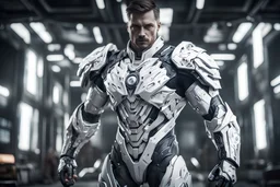 Tema Kuzmin manin a mega cool white iron super suit with on his arms and shoulders, hdr, (intricate details, hyperdetailed:1.16), piercing look, cinematic, intense, cinematic composition, cinematic lighting, color grading, focused, (dark background:1.1)
