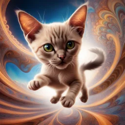 A high-speed action shot of a young Siamese kittenwith brown ears, captured in mid-leap or play. The image is detailed and intricate, featuring swirling fractal patterns surrounding the kitten, enhancing the sense of motion and energy. In the background, there's a mesmerizing fractal landscape, with complex geometric shapes and vibrant colors. The landscape and the fractal patterns around the puppy blend seamlessly, creating a dynamic and visually captivating scene in space with chrome silver pl