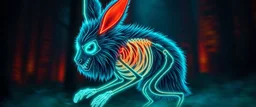 radiant neon werewolf rabbit thick Skeleton with lotsa fluffy fur, motion blur background dark forest