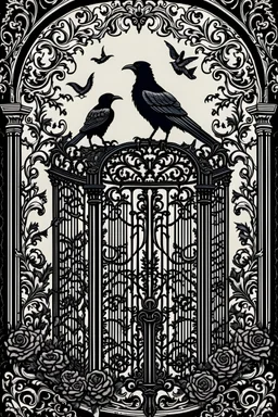 Design an elegant cover inspired by Gothic Victorian architecture, featuring intricate wrought iron gates, dark roses, and brooding ravens.