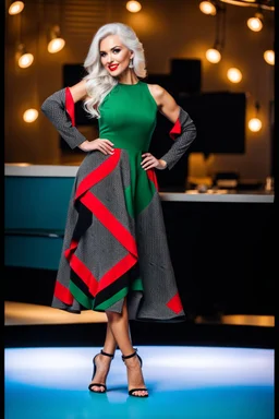 full body of very beautiful ukrain lady wearing green_black pretty midi flared dress ,white gray hair ,standing idle happy pose in studio