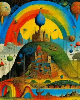 A rainbow kingdom with elements, tactics, and biology painted by Max Ernst