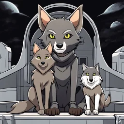 digital art front in picture an of little dark brown catlike creature with big ears, big eyes stands medium close and looking an anthropomorphic wolf couple sitting on the spaceship's ramp close together, the pale gray body hair female wolf sits behind strong male wolf and touths one paw on the dark gray body hair man wolf's shoulder, raini day, on ramp a little piece of meat lies down, high contrast, high detalied, high realistic, in background detail of an angular spaceship visible. Rain