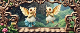 sacred geometry embroidered patterns, two totally symmetric fluffy angel gremlin slug nice cheerleader singing on ornate carved bridge in garden , full body portrait T-pose strong aura, oil painting and air brush, in swing, water spirits in the air