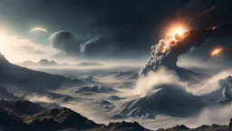 A volley of comets crashing into earth, as seen from mountain top, giant waves demolishing the terrain,8K picture quality, cinematic lighting, dynamic destructive scene