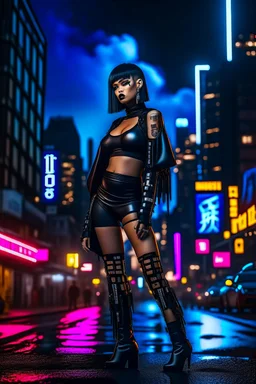 full-body-art of a woman with a bob with a fringe hairstyle, Cleopatra clothing, black knee-high boots, cyberpunk city background