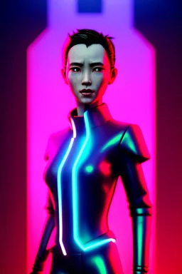 Waist up shot photo, thriller style, Asian cyborg woman, blade runner style :: symmetry photography, cyberpunk, pink hair, makeup, long line eye, light iris, :: latex coat, wires and circuits, pink, white, black :: cinematic, Ultra realistic, dark scene, soft color, highly detailed, unreal engine 5, RTX, ultra detail, 3d, finely drawn, high definition.