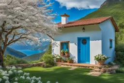 Blue paint house, tree with white flowers(leaves) in front, blue door, plant pots, outdoor nature, blue sky and subtle view of mountains in background