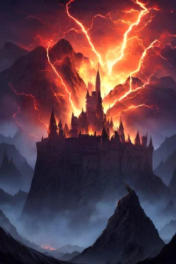 Medieval castle, mountainside, volcanic background, stormy night, lightning, single image, no people