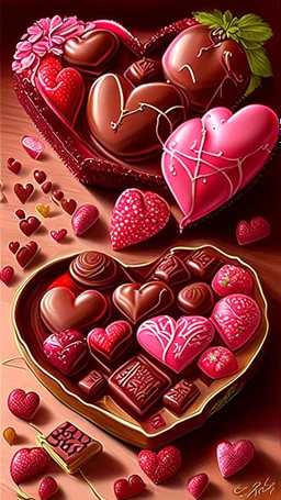 Valentines day treats, chocolate, art, drawing, very realistic, detailed, vibrant colors.