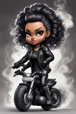 Create a digital airbrush illustration of a chibi cartoon full figure black female riding a sports motorcycle. She is wearing biker jacket and black tights with biker boots. Prominent make up with log lashes and hazel eyes. Extremely highly detailed black shiny wavy hair up in a messy bun. Background of smoke surrounding her and the bike and she's at a bike show.