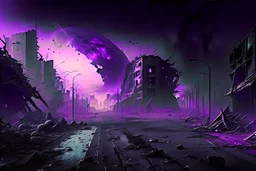 Destroyed City, Street View, Dense Purple Fog, Dead Soil, Broken Roads ,Black Night Sky, Stars, Space, Distant Alien Planets,