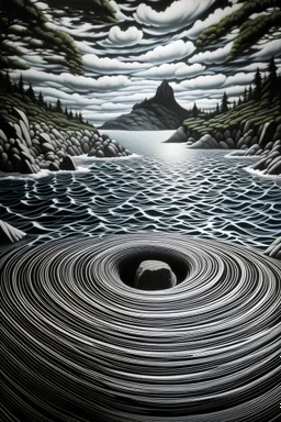 A beach near a whirlpool painted by MC Escher