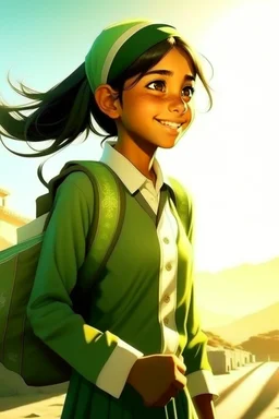 School student, school uniform, Omani, smiling slightly, from behind, school, students, morning, sun,cartoon,The girl looks forward