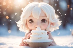 cute chibi girl eating white snowcake in sunshine ethereal, cinematic postprocessing, bokeh, dof