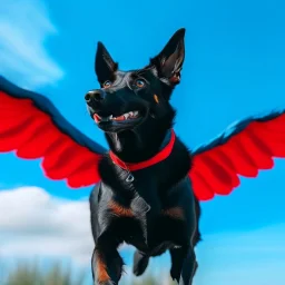 a black and red and blue dog with wings flying in the sky