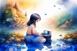 a cute chibi girl is sitting with her back to us, we see her playing tetris on a big screen, in van gogh style in on a misty morning. over a misty pond in the hieght of fall. Watercolour by Alison Brady. Pastel colours S<AI in sunshine, ethereal, otherwordly, cinematic postprocessing