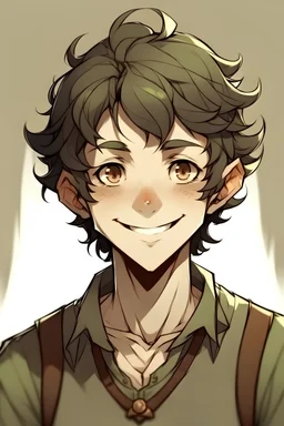 Teenage boy, anime style, curly black hair, dark brown eyes, pointy ears, a cheerful, elf-like face, normally with a mischievous and impish smile, and a diminutive stature with a slim and relatively scrawny build, olive skin,