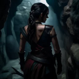 a beautiful tiefling woman with dark hair in a sleeveless battle outfit, seen from the back, at the edge of a precipice in a cave, ready to jump, photo quality, dark colors