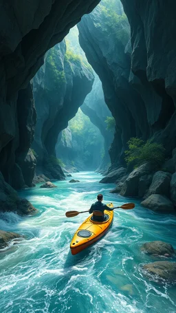 Bosch painting style, 3D multi layers caves where the a river stream, a man in kayak boat in a fast water