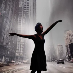 woman wearing a dress suspended in the air, scared, downtown new york, dramatic, dramatic lighting, volumetric lighting, hyperrealism, 8k, high quality, photorealistic, lot of details