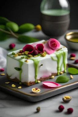 a cuboid bread cake with a yogurt frosting and dried rose petals, cucumber pistachio and radish decorative topping